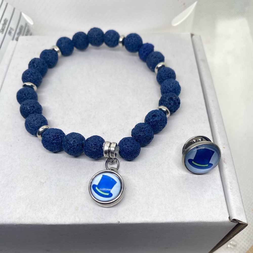 Blue Beaded Bracelet and Lapel Pin Set